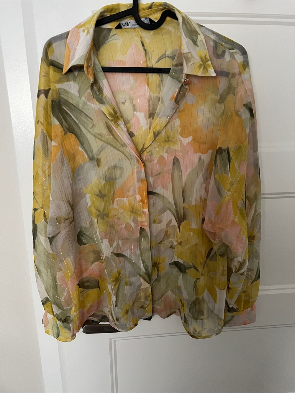 Sheer Floral Button-Front Blouse in Yellow & Pink